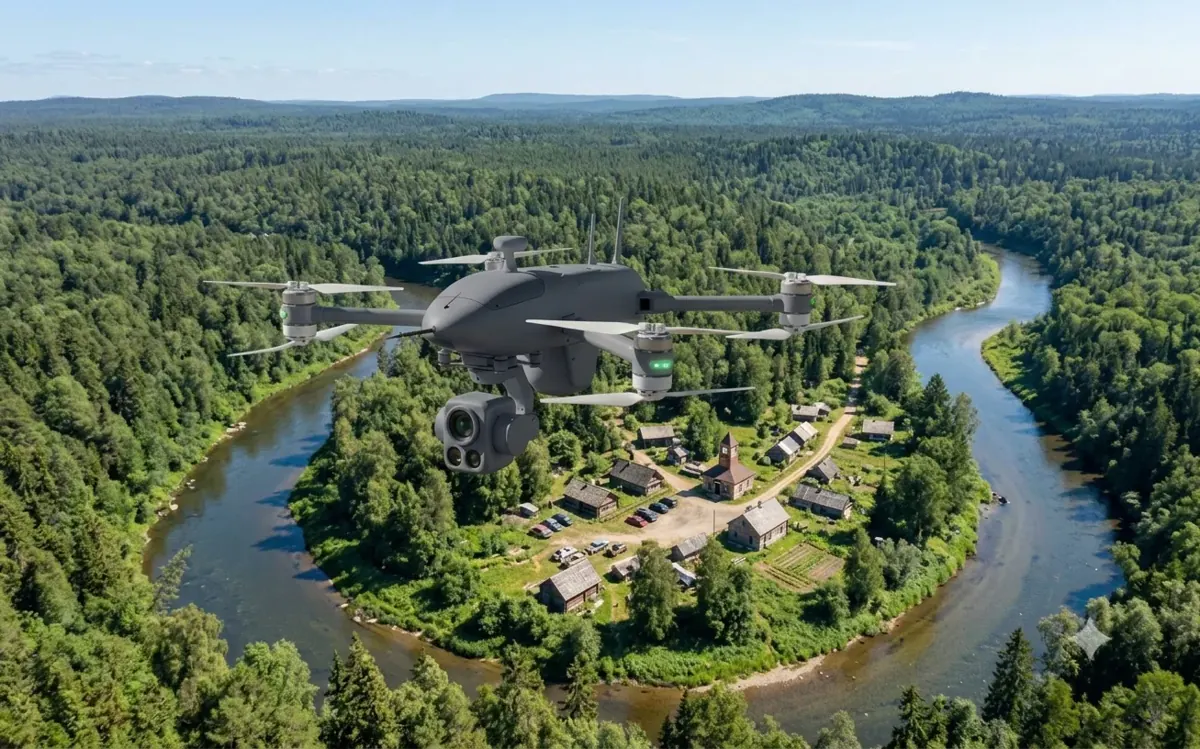 Illustration of a drone surveying a forest and river